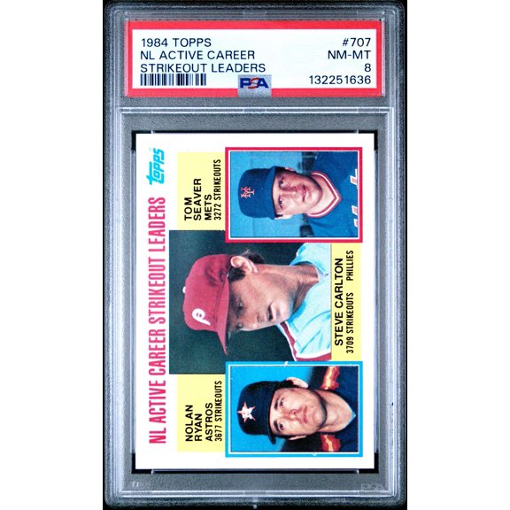 Collectible Graded 1984 Topps #707 Strikeout Leaders Nolan Ryan Tom Seaver PSA 8 Houston Astros Baseball Card