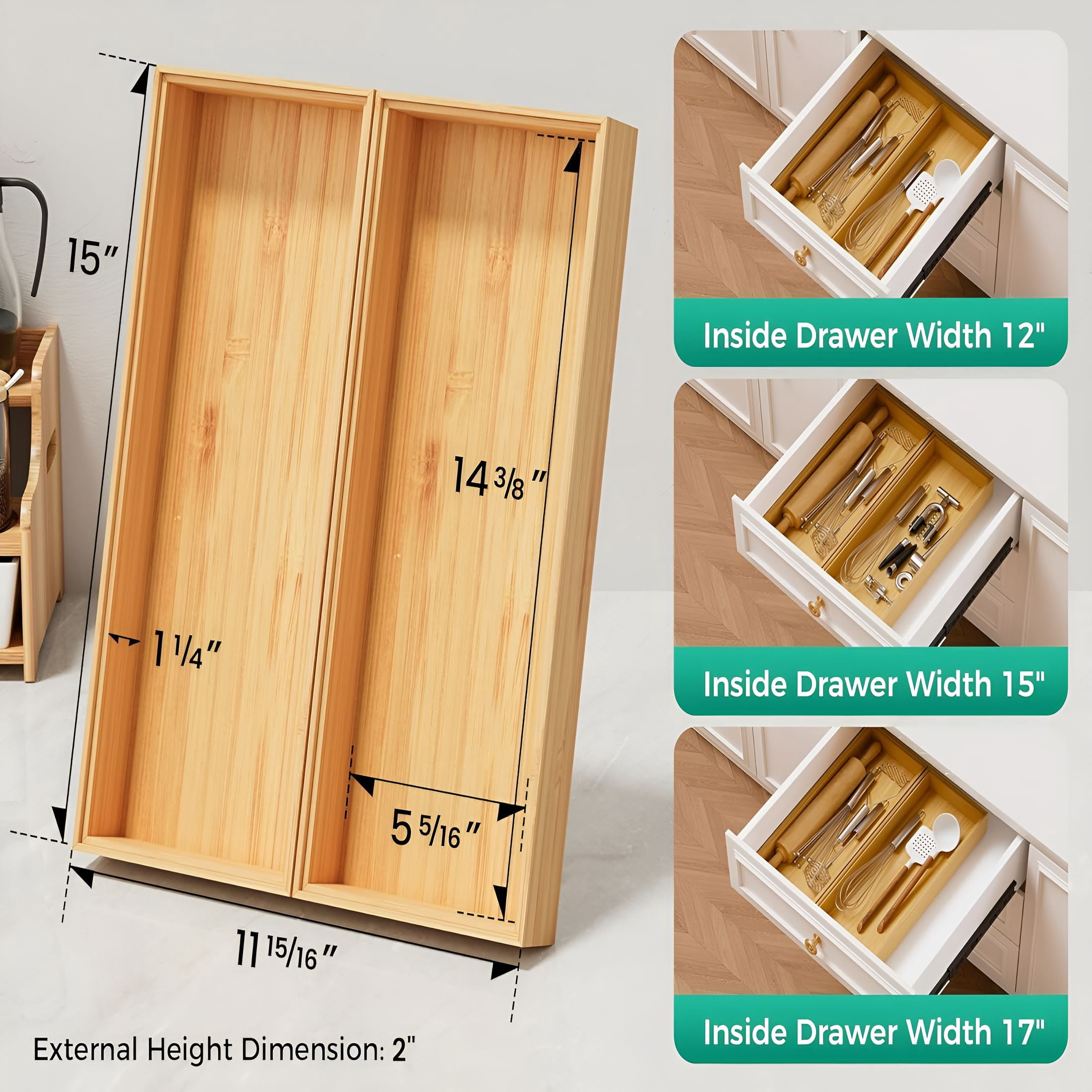 XIBUFE 2026 New Bamboo Kitchen Drawer Organizer Boxes – 15" X 6" Stackable Wood Silverware Utensil Tray for Drawers Bins,Cutlery&Flatware Storage – Wooden Organizers Set of 2 for Junk Drawer,Bathroom