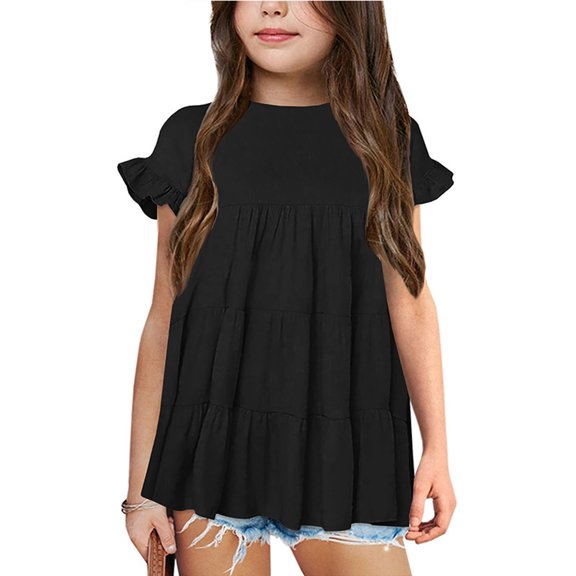 Dyfzdhu Toddler Girls T-shirts Ruffle Short Sleeve Round Neck Loose Blouse Summer Solid Color Casual Girl Tee Tops