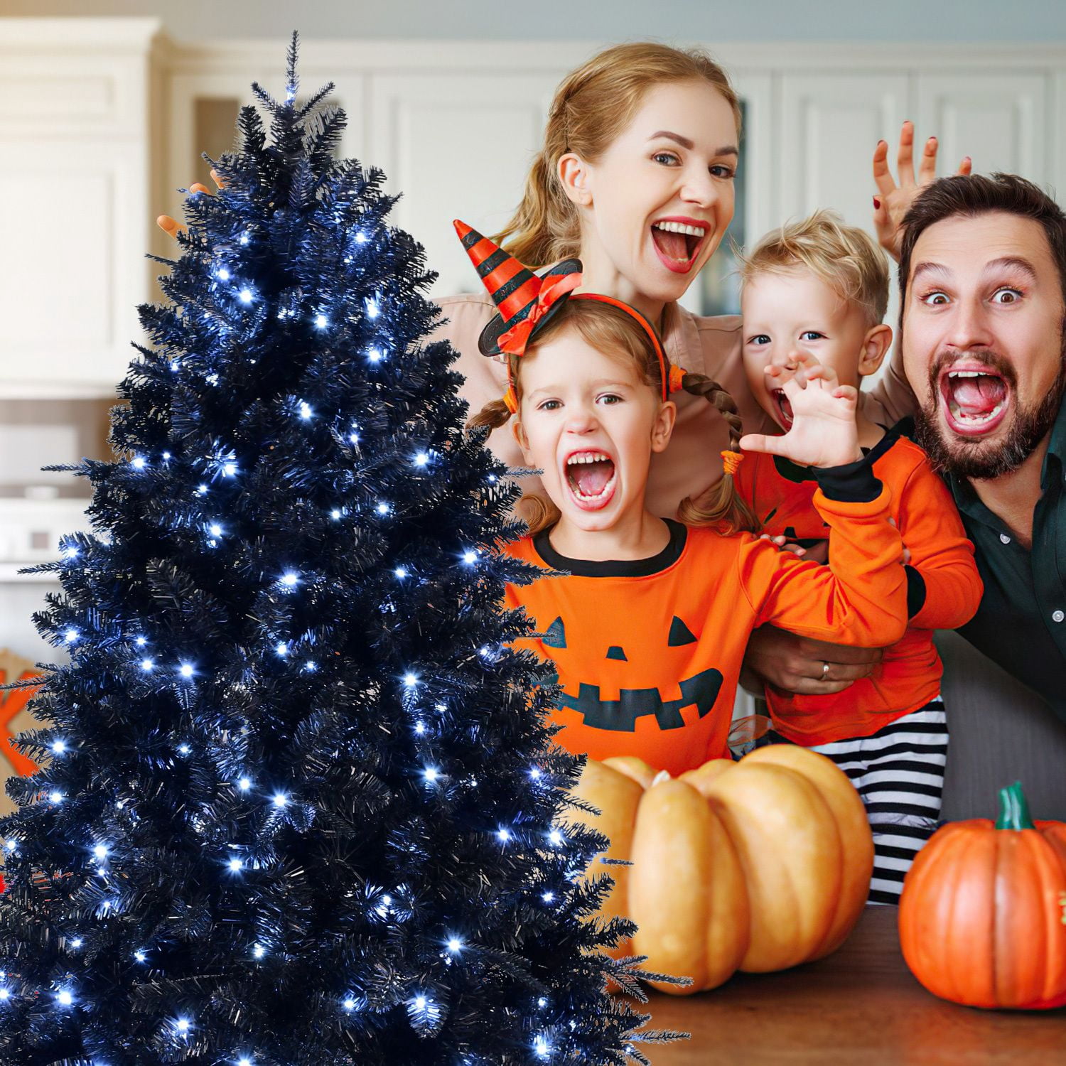 7ft Black Christmas Tree with 450 White LED Lights, 1916 Tips PE+PVC Artificial Tree for Halloween & Holiday Decor, Hinged Structure with Stable Metal Stand