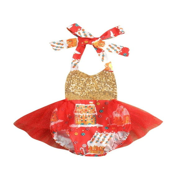 MesaSe Baby Girls Christmas Short Romper House Print Sequins V-Neck Halter Jumpsuit