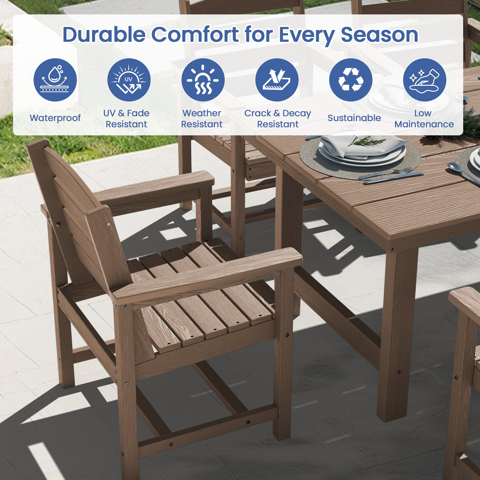 KINGYES All Weather Outdoor Dining Chairs Set of 2, HDPE Oversized Patio Chairs, Brown