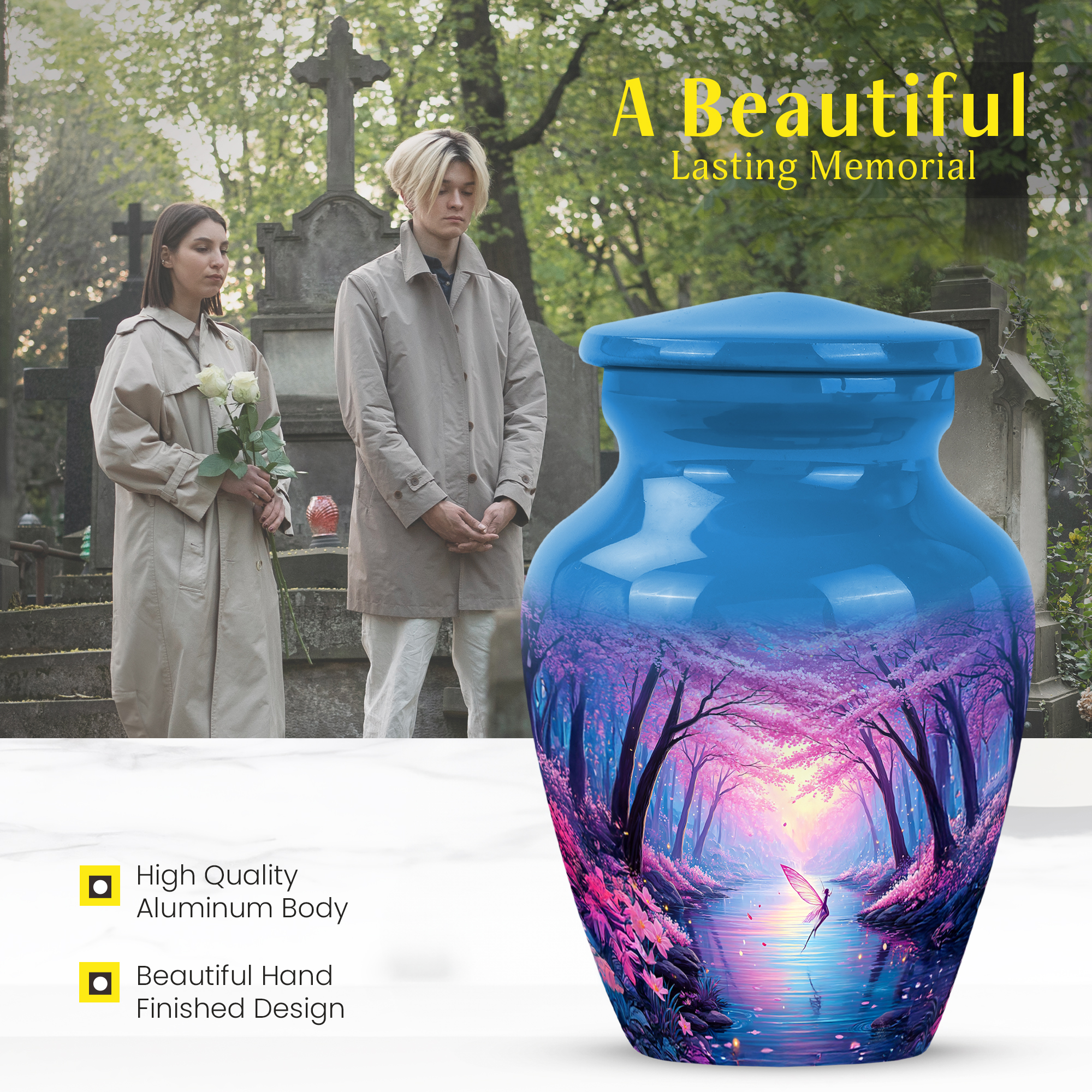 MUKTIVE Cherry Blossom Funeral Urns for Adult Male, Pink Butterfly Memorial Urn for Ashes for Women, Decorative Blue Cremation Urn, Burial Urns for Father Ashes, 3 Inch