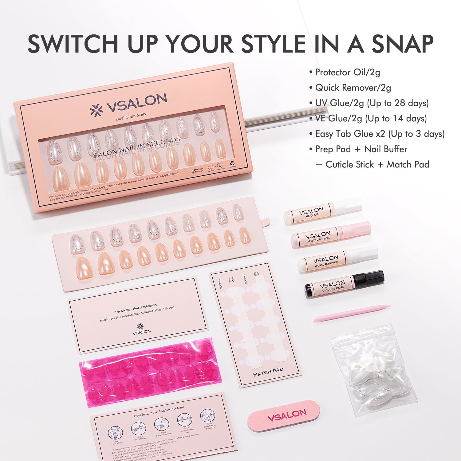 VSALON Press-On Nails Short Almond - 42 PCS Pearl White 3D Metallic Fake Nails for Women, 32 Main Nails in 16 Sizes &10 Champagne Alternative Nails - Reusable Glue on Nails Set with Tool Kit