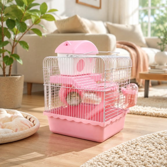 Renyuanyuan Small Animal Cage, with Accessories, for Dwarf Hamster, Guinea Pig, Hedgehog, Pink, Easy Assembly