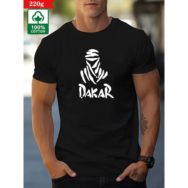 DAKAR-Inspired Men's 220g Heavyweight 100% Cotton T-Shirt - Casual Crew Neck, Short Sleeve, Black Tee with Trendy Print - Machine Washable, Casual Sporty Tee, Summer Gifts