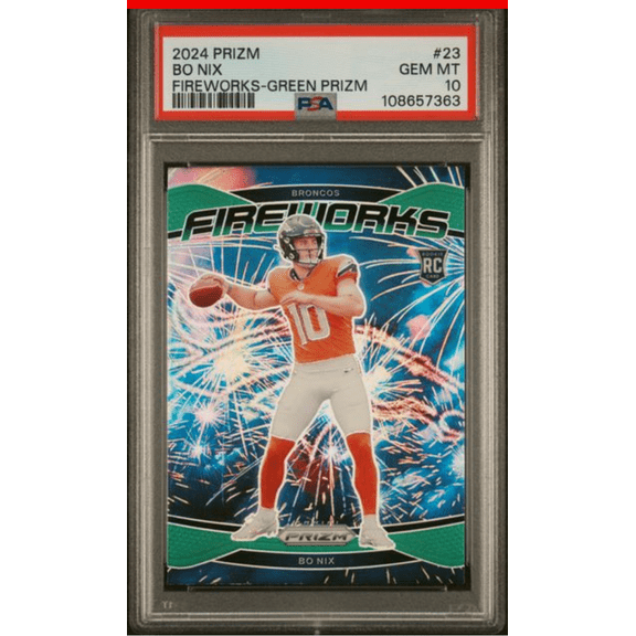 Graded 2024 Panini Prizm Bo Nix #23 Fireworks Green Prizm Rookie RC Football Card PSA 10 Gem Mint