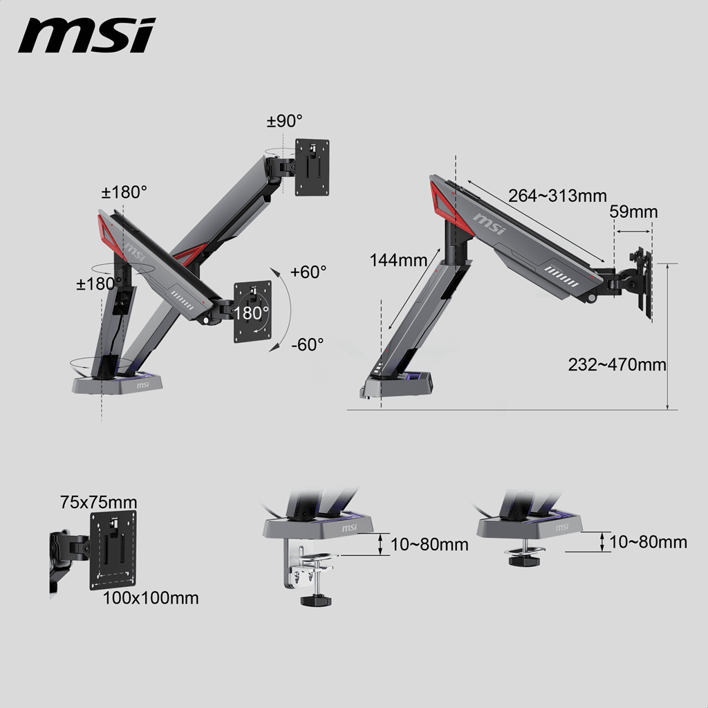 MSI MPG MT161DR Premium RGB Dual Monitor Arms, Iron Gray, Supports 17”-38", 35.2 lbs. per flat screen or 28.6 lbs. per curved screen