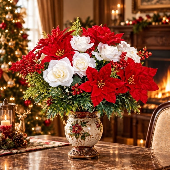 Artificial Christmas Floral Bouquet Tutuviw 12 Stems Red Velvet Poinsettia, White Roses & Berries 17in Faux Poinsettia Bush Red Christmas Flower Bouquet Decoration for Table Vase Xmas Party(No Vase)