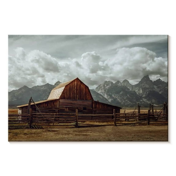 Elephant Stock Grand Teton Barn Wall Art - Horizontal Canvas Wall Art - Living Room Wall Decor - Architecture Canvas - Brown And Blue Decor - 12" x 8"