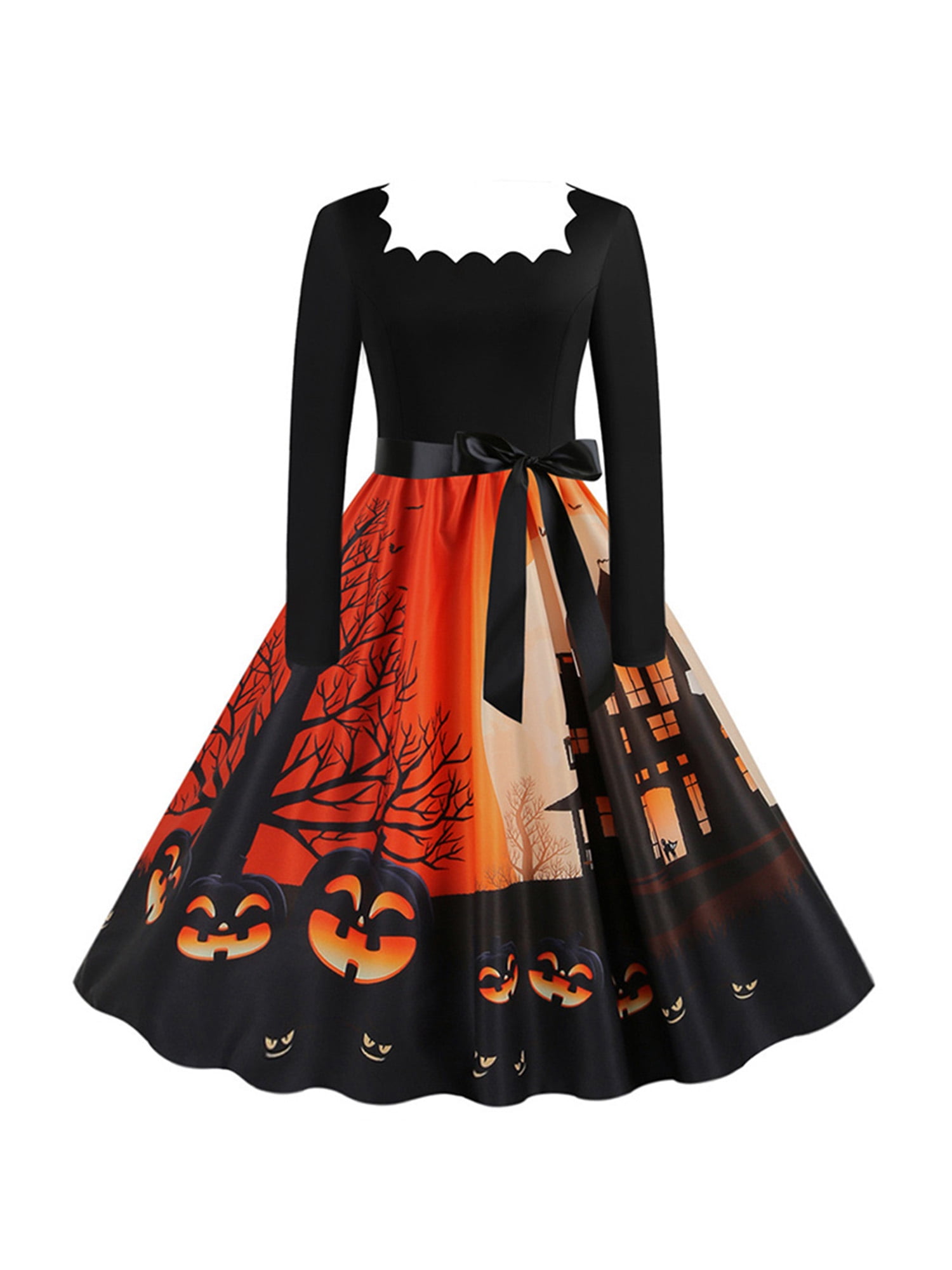 Grianlook Women Casual Floral Halloween Dresses Square Neck Plaid Midi