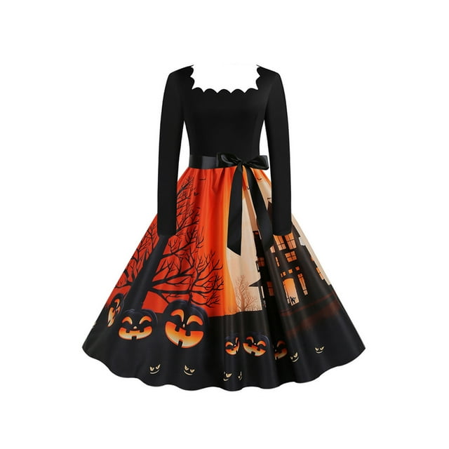 MAWCLOS Ladies Casual Floral Halloween Dresses Holiday Ghost Pint Midi Dress Style-B L