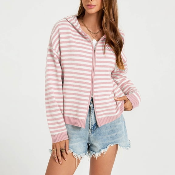 KICILVS Womens Zip Up Hoodie Striped Sweater Coat Knit Hooded Double Zipper Jacket Trendy Fall Winter Outerwear