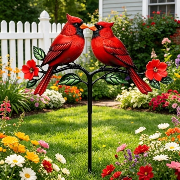 Double Red Cardinal Bird Metal Garden Stake, Garden Decor Ornament, Outdoor Lawn Patio Yard Decor for Landscape Pathway Porch