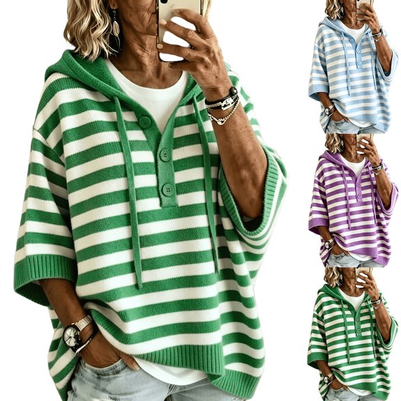 Yuaguia Women's Striped Hooded Sweatshirt, Button Front Knit Pullover Sweater, 3/4 Sleeve Casual Top, Lightweight Drawstring Clothes for Everyday Office Wear, Blue L