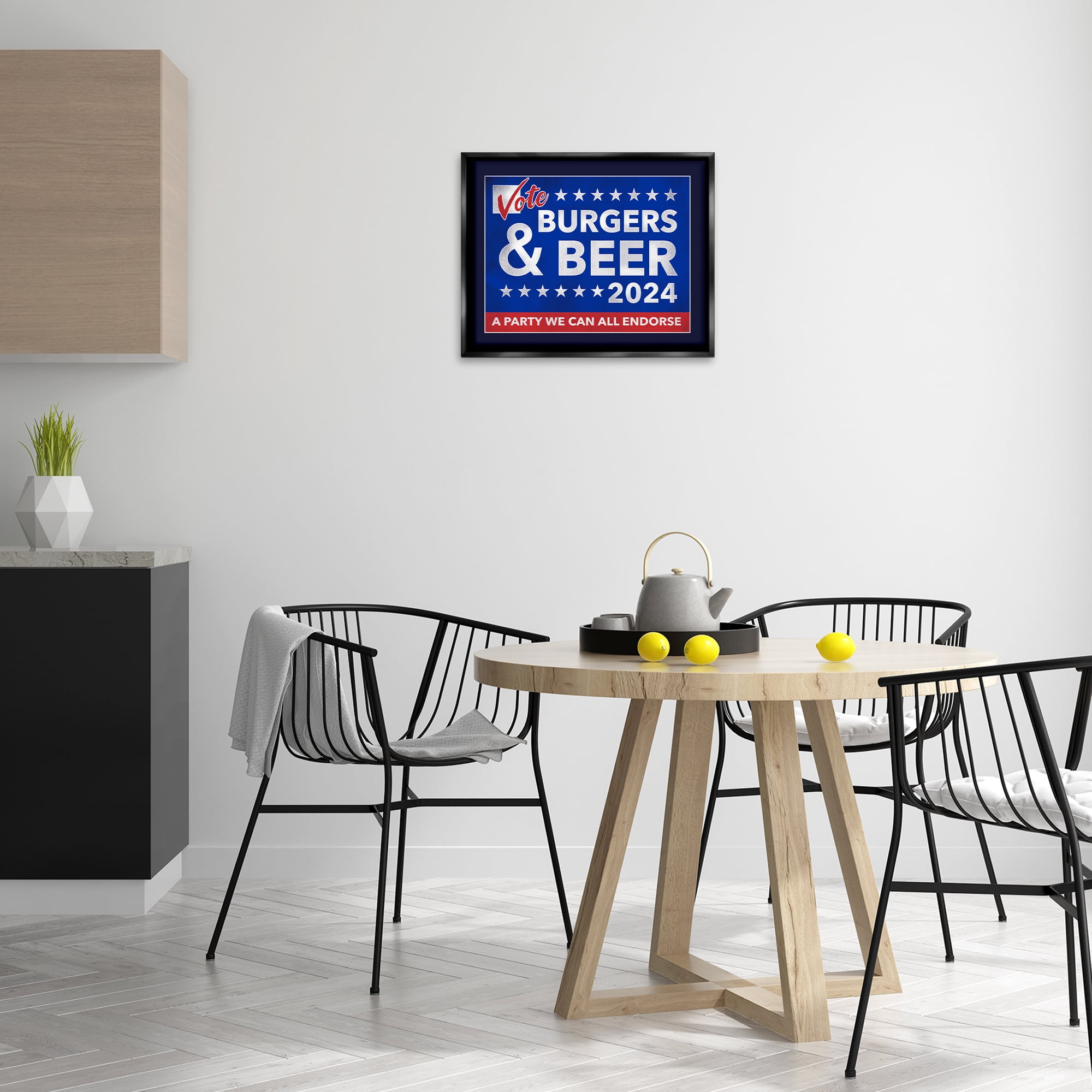Stupell Industries Burgers & Beer Vote Food & Beverage Painting Black Floater Framed Canvas Art Print Wall Art, 21 x 17
