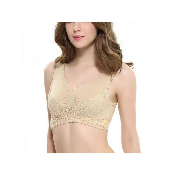 Women's Padded Sports Bras,Cross Side Buckle Rimless Lace Bra,Plus Size S-4XL
