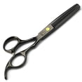 thumbnail image 3 of Tijeras de peluquería japonesas de acero inoxidable de 15 cm (6 pulgadas), tijeras profesionales de barbero con mango ergonómico, color negro., 3 of 5