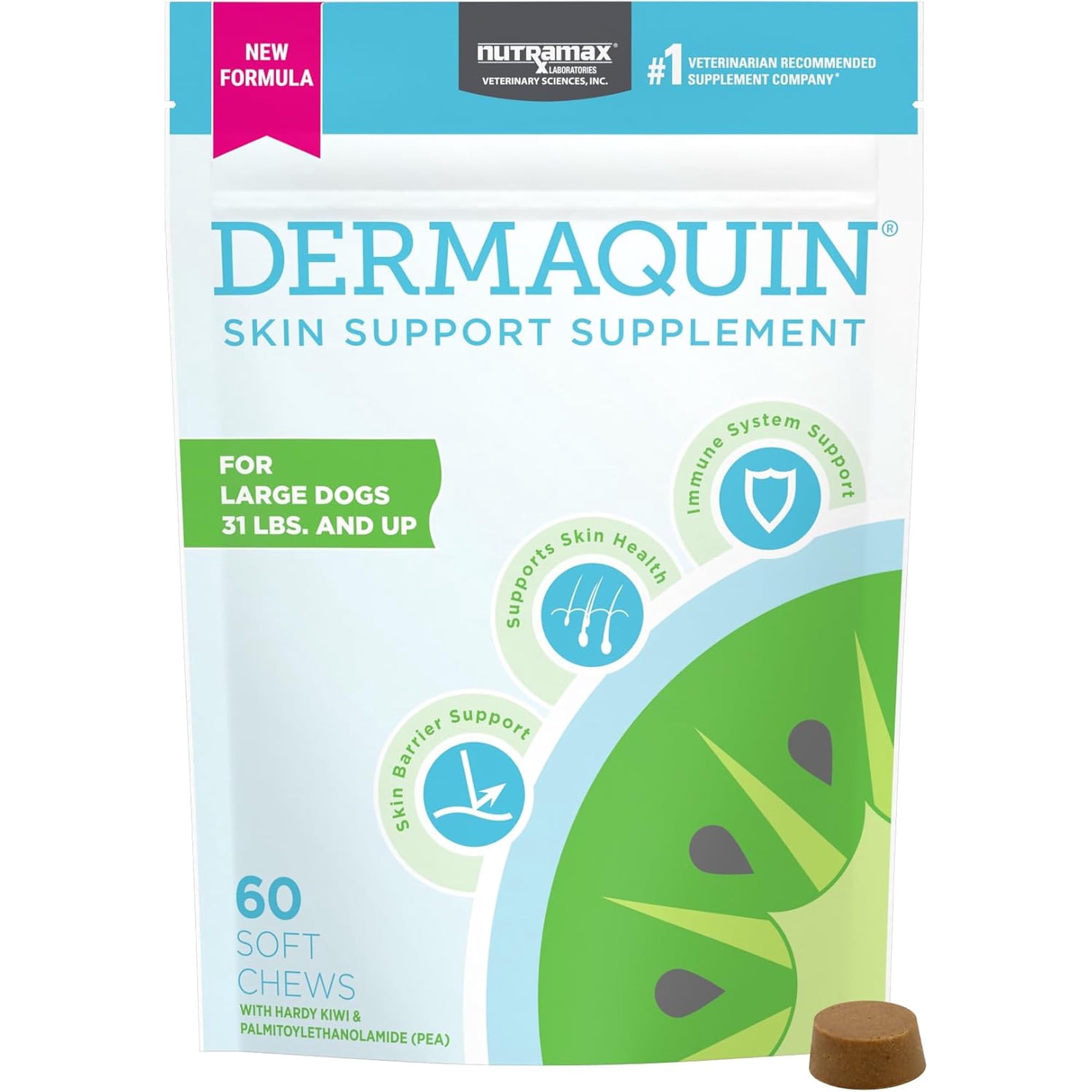 Nutramax Dermaquin Skin Support Supplement for Large Dogs, Supports Healthy Response to Allergens, with Hardy Kiwi, Omega-3s, and More, Tasty Soft Chews, 60 Count