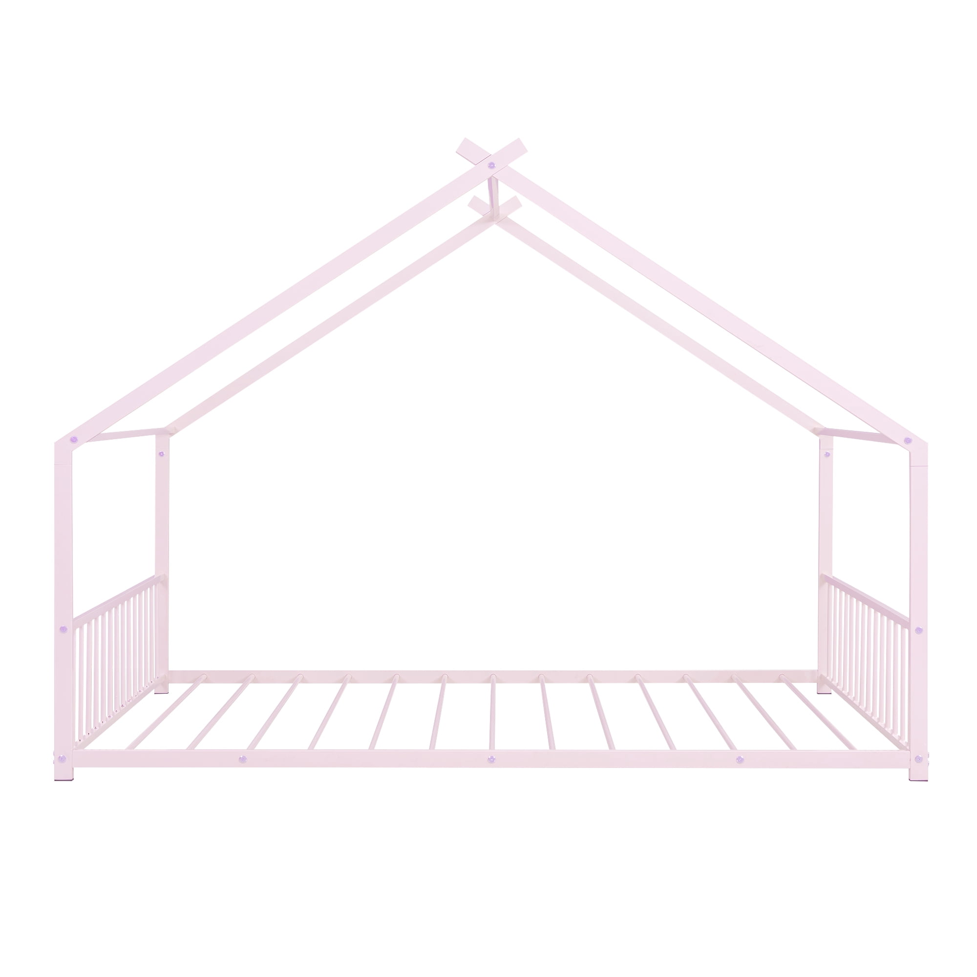 Gewnee Full Size House Bed with Roof and Fence,Metal Montessori Platform Bed for Toddle and Kids,Pink