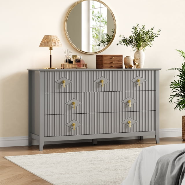 Commode Cannelée Grand de 54 Pouces avec 7 Tiroirs et Poignées Dorées, Armoire de Rangement Moderne en MDF pour Chambre, Salon, Entrée, Organisateur Polyvalent pour Meuble Télé