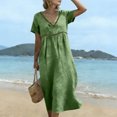 thumbnail image 4 of Domzest Womens Midi Dress Short Sleeve V Neck Linen Look Lace Trim Empire Waist Casual Summer Flowy Beach Vacation Sundress Green M, 4 of 9
