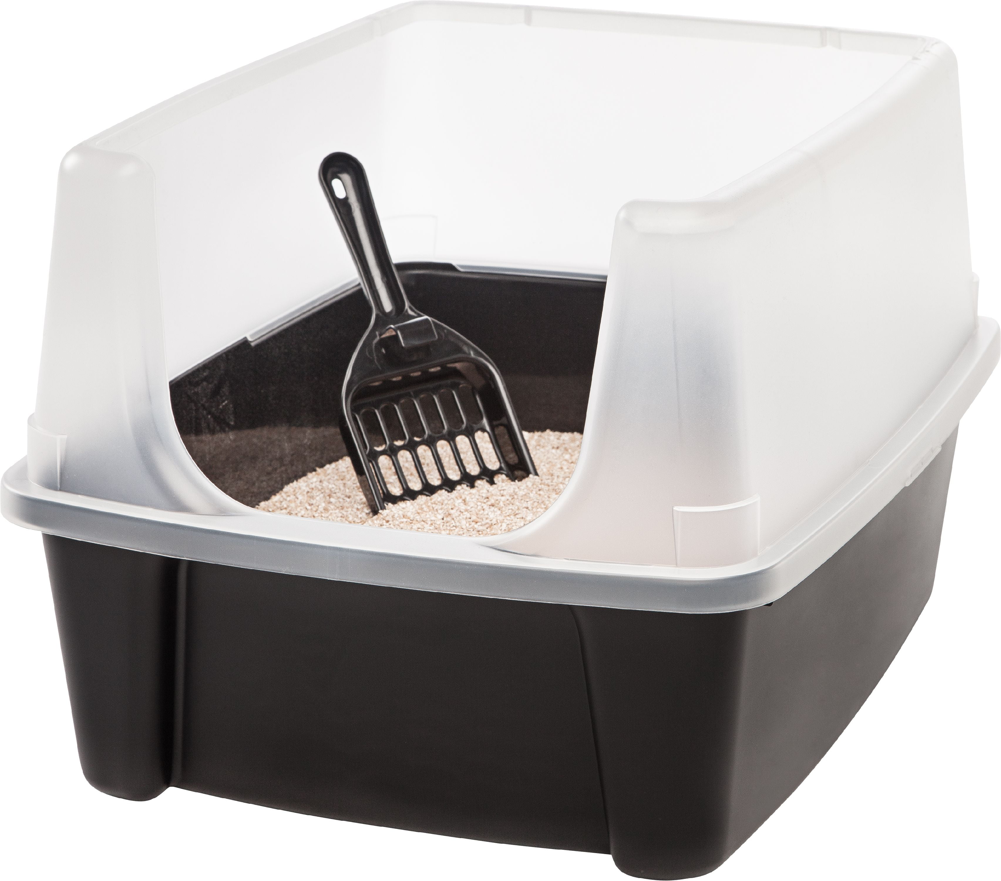IRIS USA, OpenTop Cat Litter Box with Shield and Scoop, Black