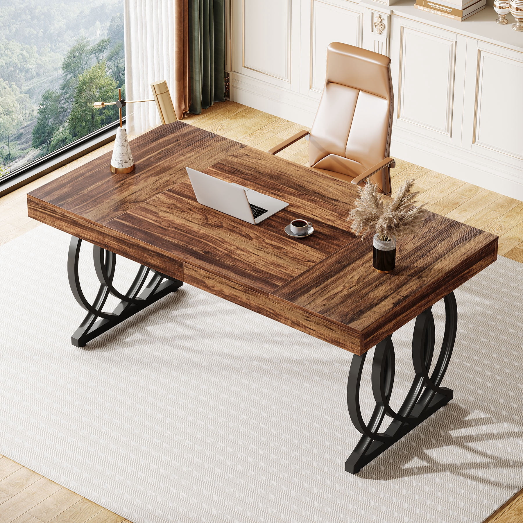 Tribesigns 63-inch Executive Desk, Industrial Office Computer Desk with Geometric Legs, Rustic Brown and Black