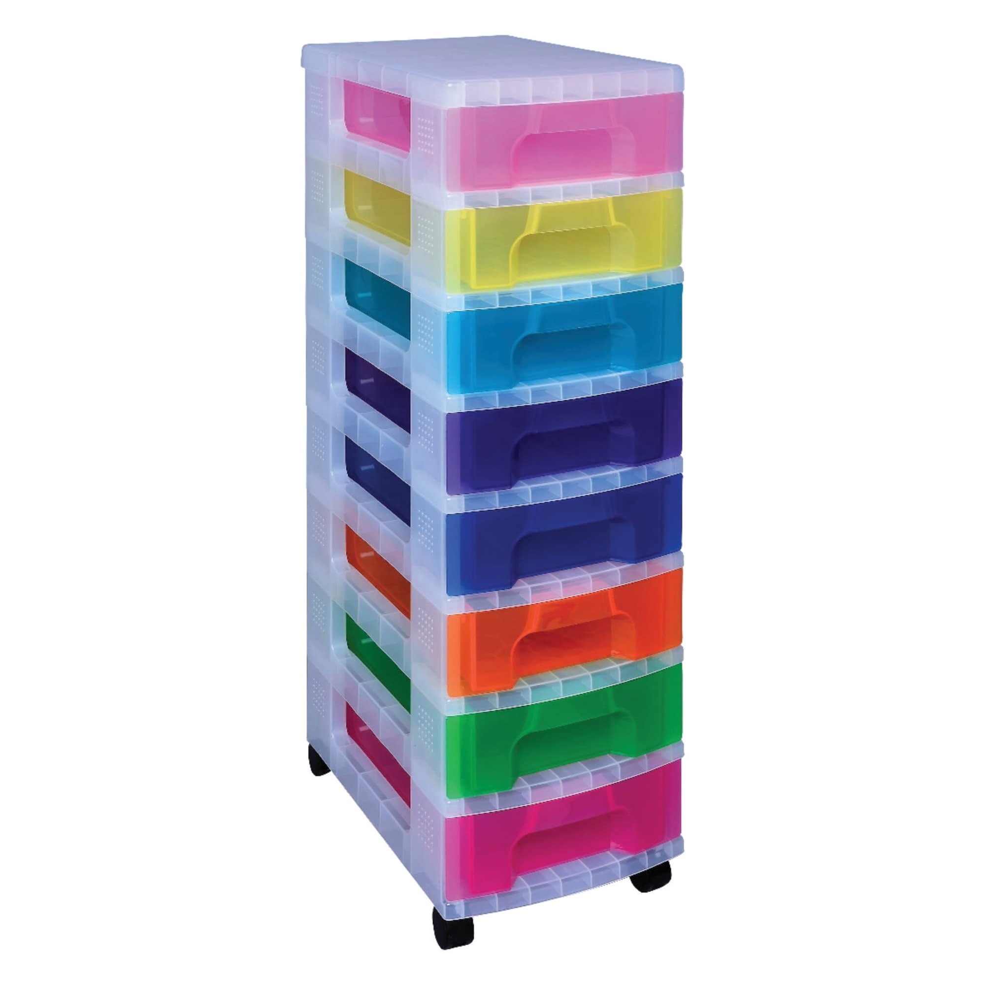 Really Useful Box® Plastic 8-Drawer Storage Tower, 7 Liters, 36 1/2" x 15 3/4" x 12", Clear/Rainbow