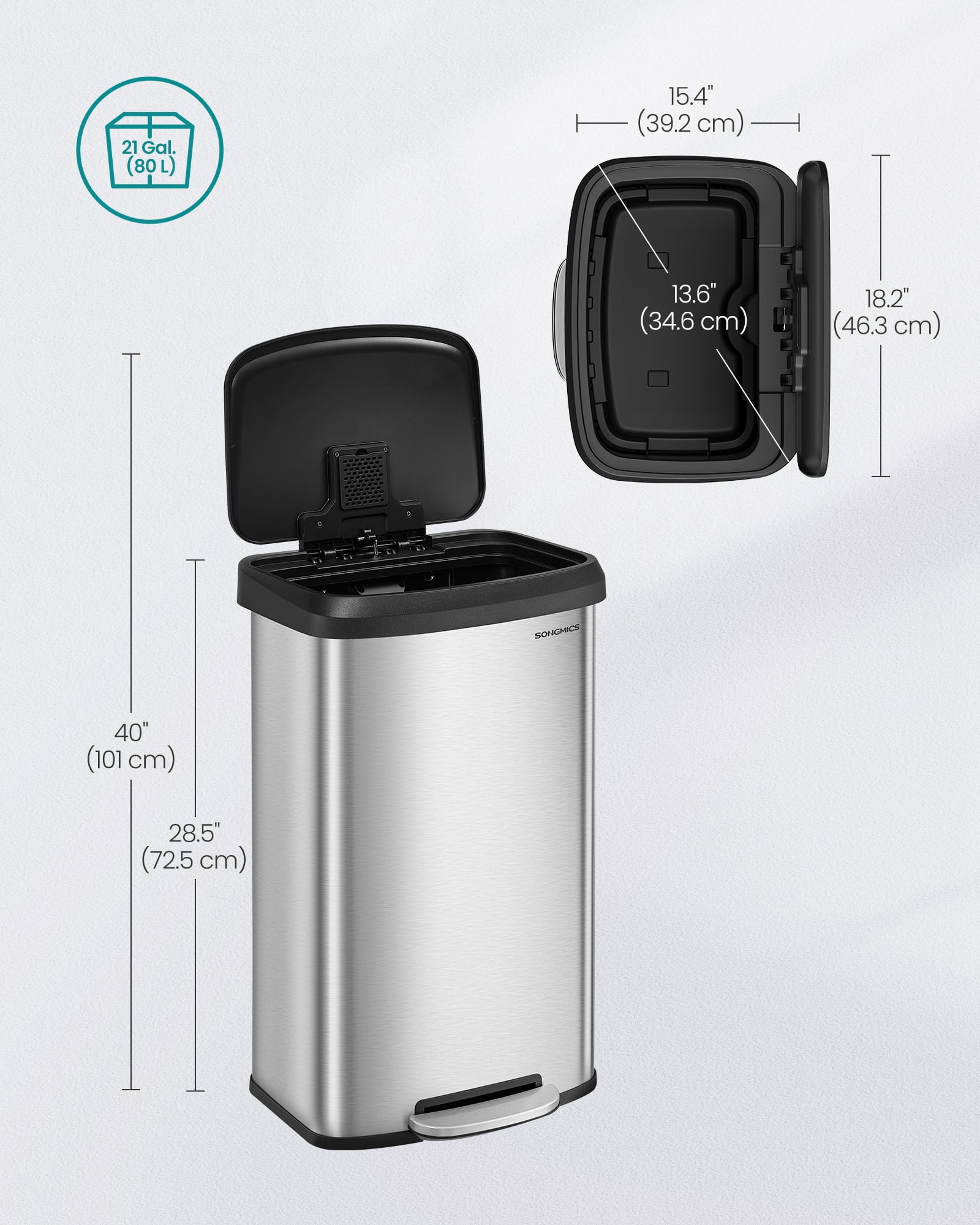 21-Gallon Stainless Steel Trash Can - Large Kitchen Garbage Bin with Stay-Open Lid, Odor Control & Foot Pedal, Space-Saving, Silver and Black
