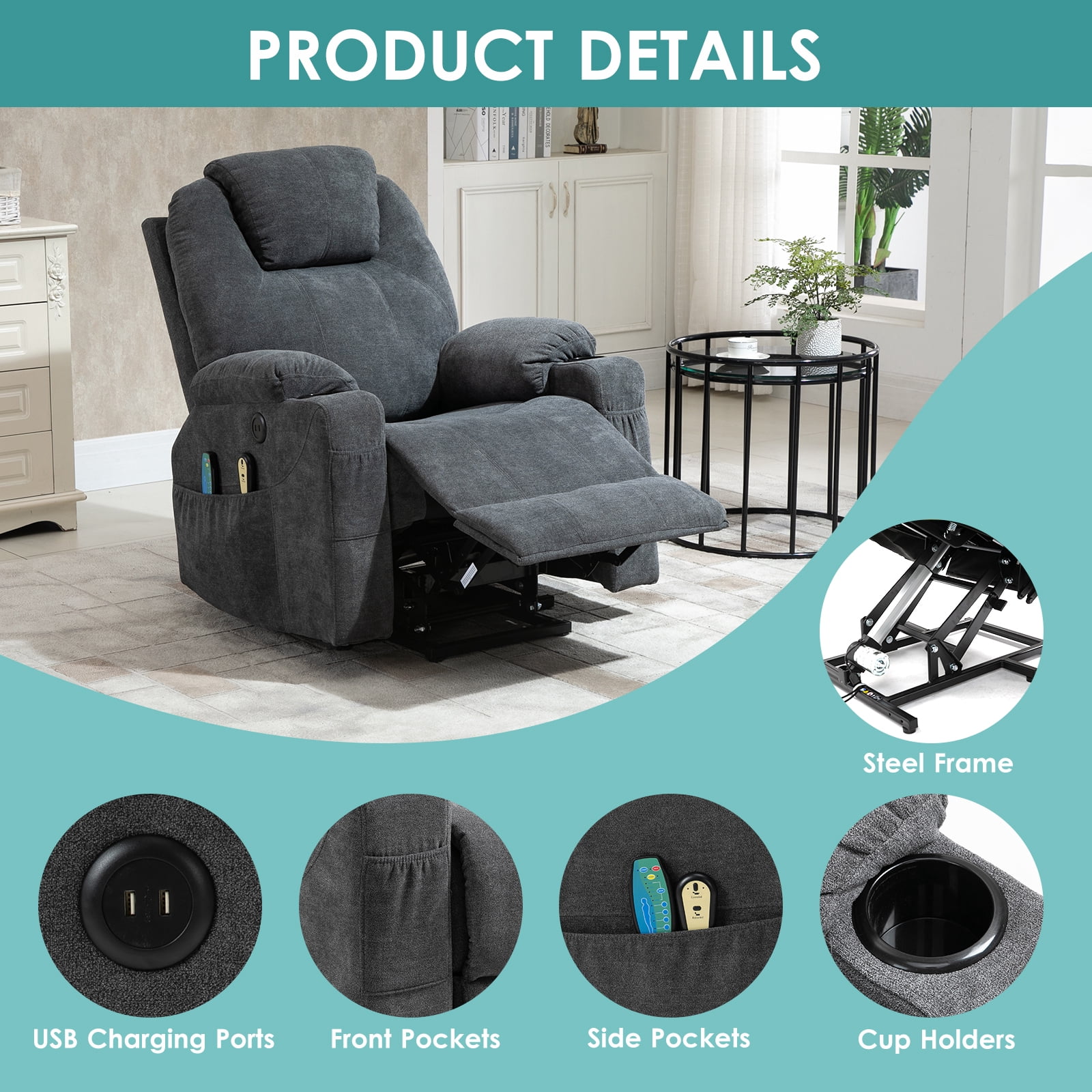 MEETWARM Power Lift Recliner Chair with Massage & Heating, USB Ports, Cup Holders - Grey