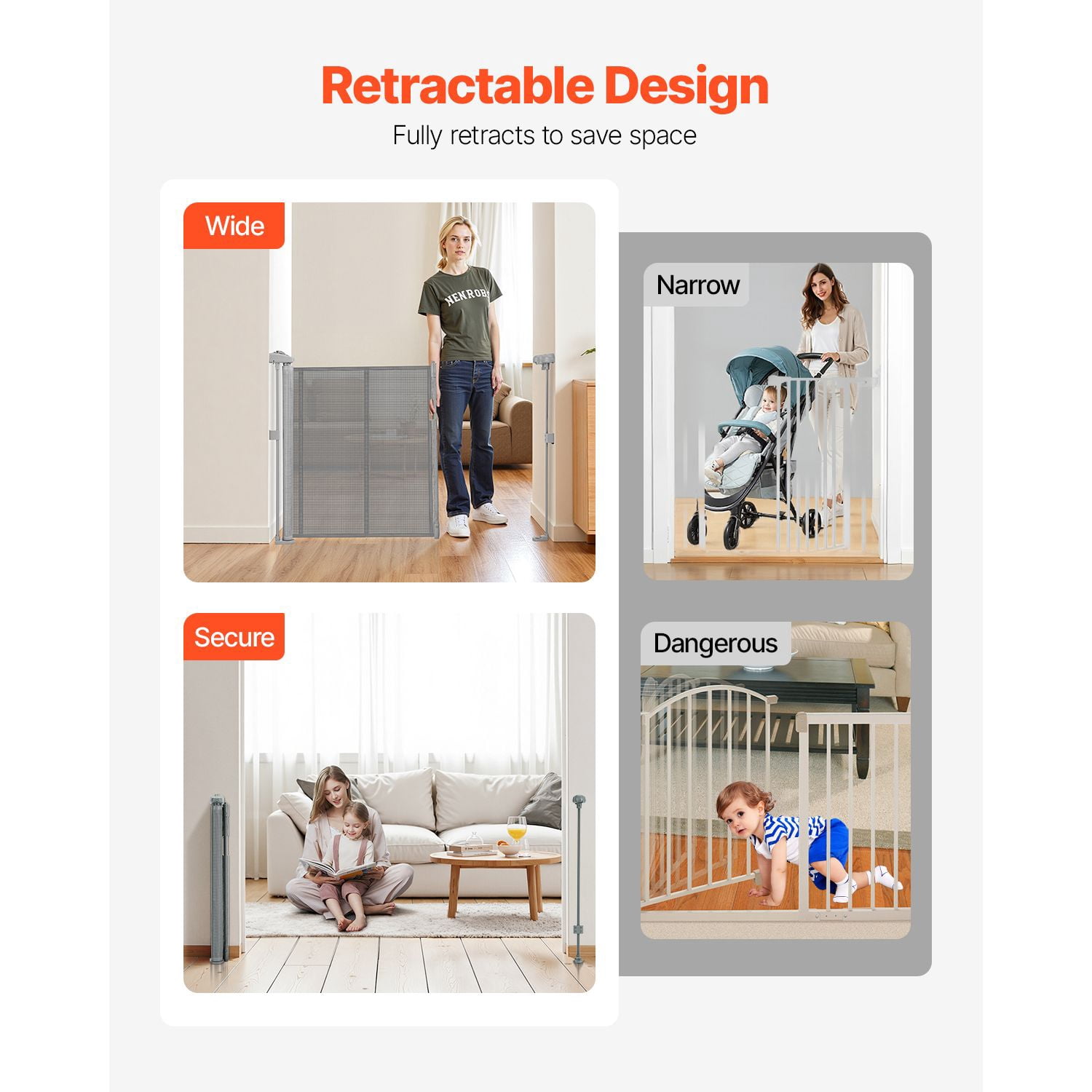 Retractable Baby Gate 34" Tall x 71" Wide, Gray Mesh, Anti-Crawl Bottom Strip, One-Hand Operation, for Indoor Stairs Doorways