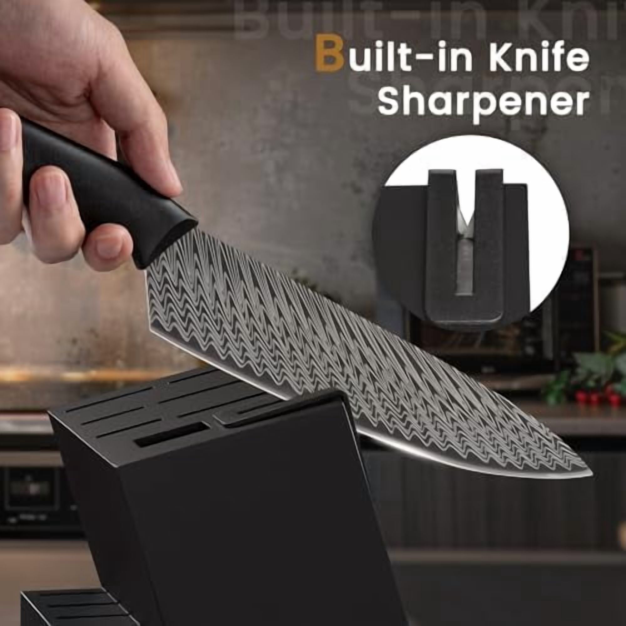 Knife Set, 15 Pieces Kitchen Knife Set with Built in Knife Sharpener, High Carbon German Stainless Steel Knife Block Set, Dishwasher Safe Knives Set, Black
