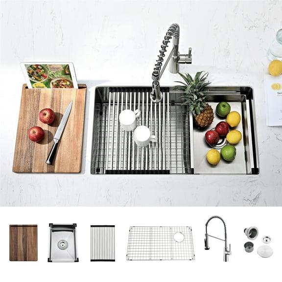 32 Inch Stainless Steel Single Bowl Undermount Workstation Double Ledges Kitchen Sink with Faucet and Sliding Accessories