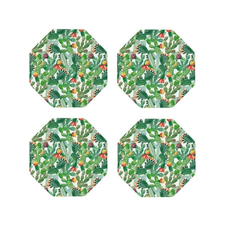 

Coasters Set of 4 - Cactus blooming green Drink Coasters for Tabletop Protection Leather Coasters for Living Room Decor and Housewarming Gift Octagon