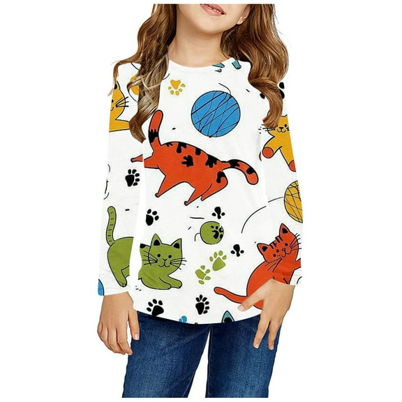 Nrmvnmi Baby Toddler Girls & Boys Long Sleeve Tee Shirts Cute Cat Print Sweatshirts Crew Neck Long Sleeve Pullover Little Kids Cotton Warm Loose Comfortable Top(3-14Years)