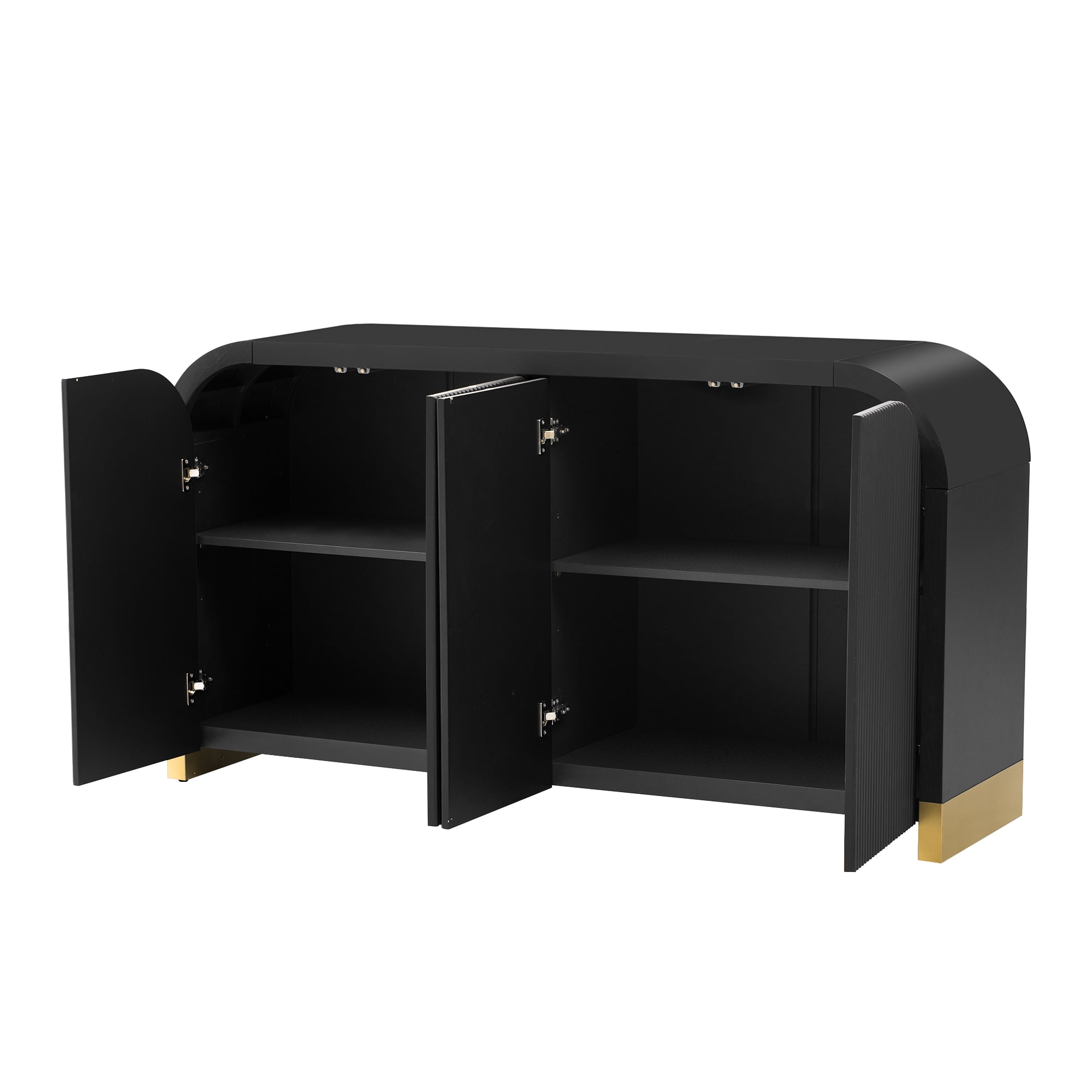 MAYEERTY 4-Door Cabinet Wavy Door Panel Curved Corner Adjustable Shelves for Study & Living Room & Entrance，Black