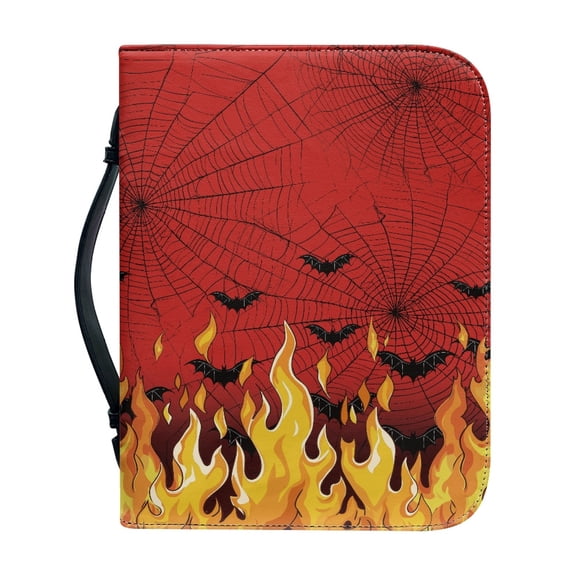 HELLHERO Flame Bat Web Bible Cover Zippered for Church Work Daily Commuter, PU Leather Protective Bible Book Covers
