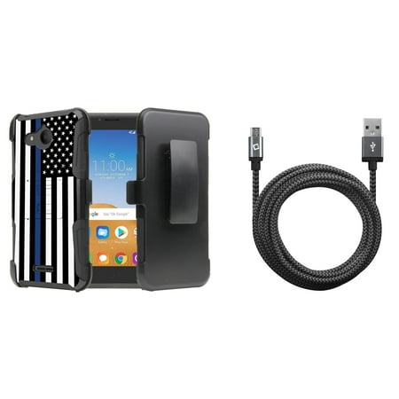 Rugged Series Case Bundle Compatible with Alcatel Tetra - Heavy Duty Armor Stand Cover with Belt Clip Holster (Thin Blue Line USA Flag), Heavy Duty Nylon Braided USB Cable (9 Feet) and Atom (Best Braided Line For Casting)
