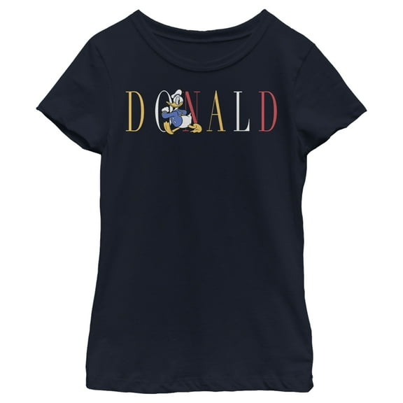 Girl's Mickey & Friends Donald Duck Colorful Text  Graphic Tee Navy Blue Medium