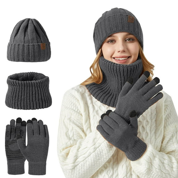 MIASHUI Unisex Thick Warm Knit Hat, Scarf, and Gloves Three-Piece Set, Winter Scarf for Men and Women, Cold Weather Scarf Set Grey,One Size