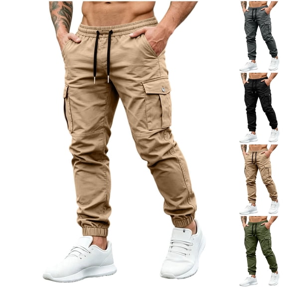 MXALUOB Men's Cargo Joggers Drawstring Cuffed Ankle Elastic Waist Pants with Multi Pockets Regular Fit Solid Color Pull On Trousers