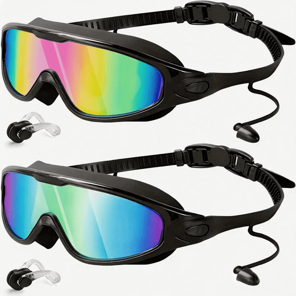 Biiend 2 Pack Swim Goggles for Adults Men Women, Wide-Angle Anti-Fog UV Protection, Leak-Proof Silicone, Adjustable Strap, with Earplugs & Nose Clip for Pool Training