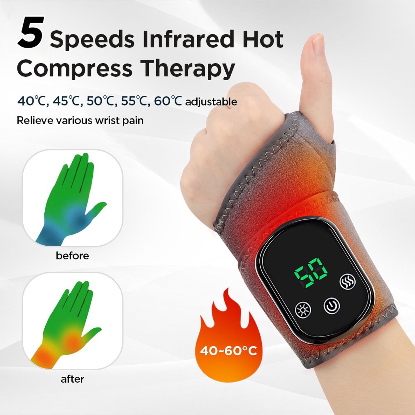 Cordless Wrist Heating Pad Wrap, Heated Wrist Massager for Men Women,Rechargeable Wrist Warmers with 5 Heating Levels and 3 Vibration Mode