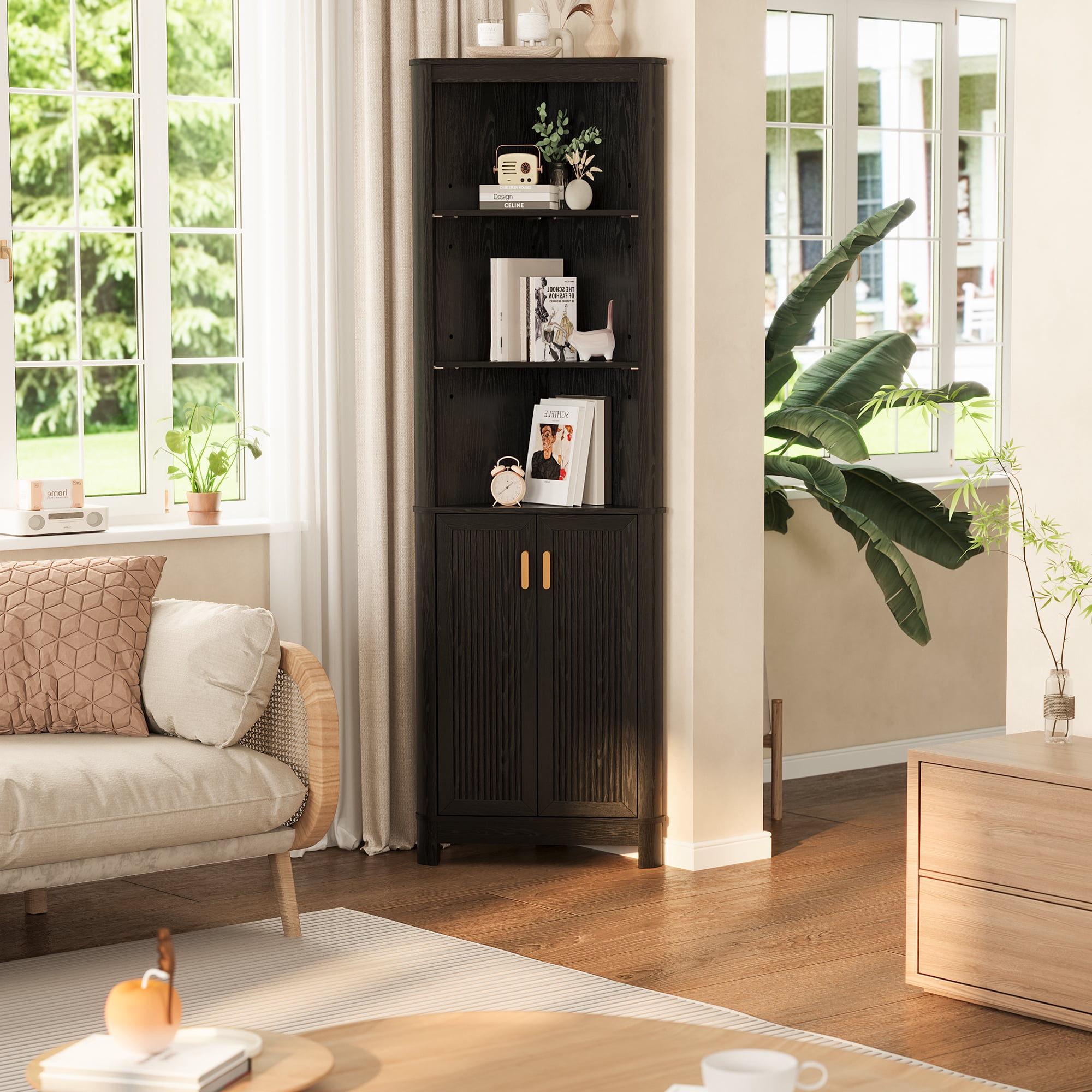 68" Tall Fluted Corner Cabinet for Bathroom, Modern Living Room & Kitchen - 5 Adjustable Shelves, Space-Saving Black Storage, Curved Profile Design