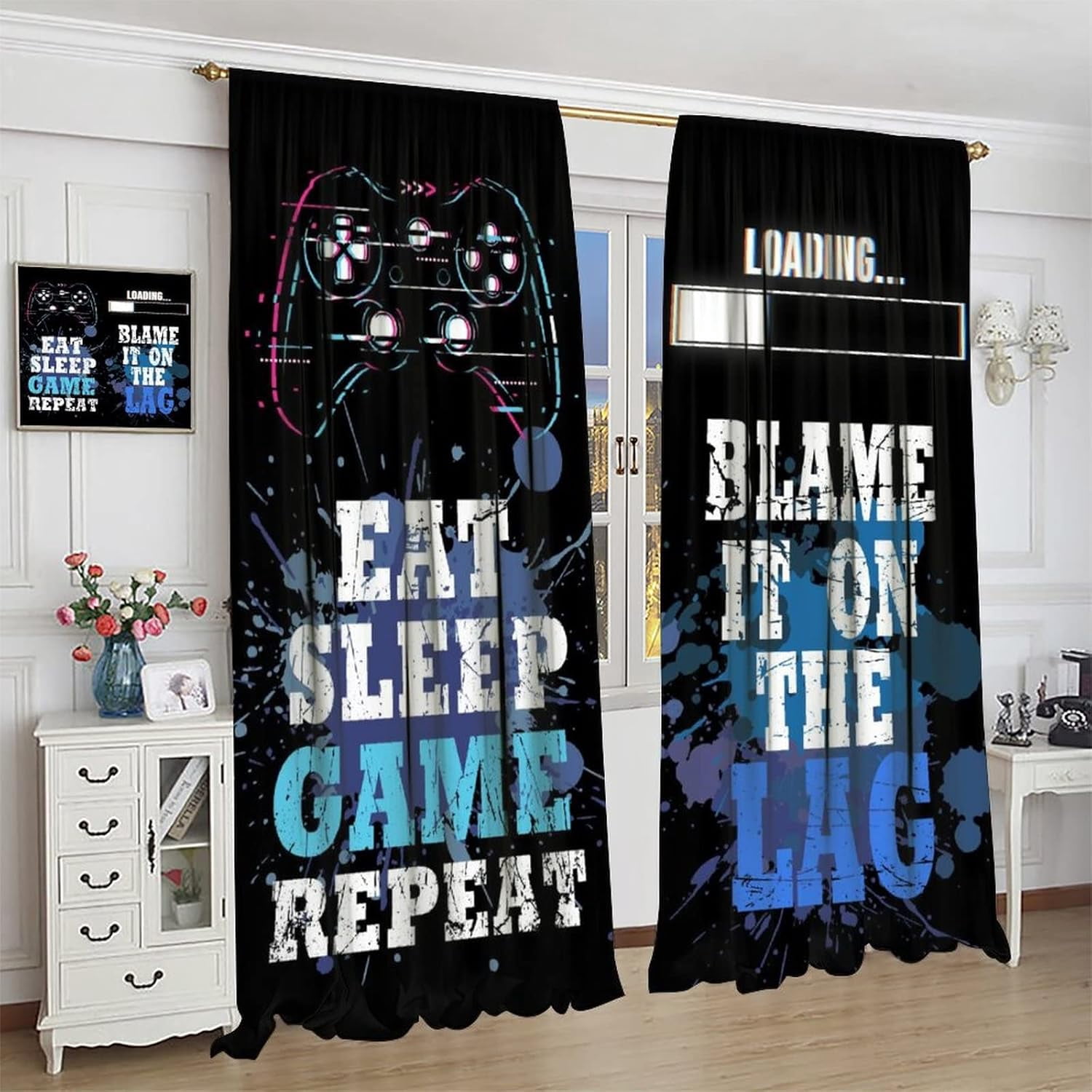 Kids Gamer Curtains Rod Pocket Black White Gaming Teen Boys Bedroom Decor Funny Quotes Men Cool Gamepad Art Printed Living Room Playroom Window Drapes Fabric 42'''' W x 84'''' L x2【Decor】