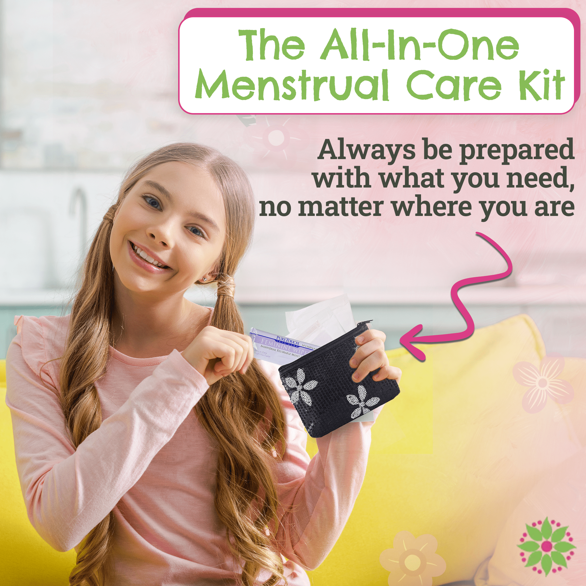 Be Prepared Period First Period Kit for Girls - Feminine Pads & Liner  (Pink 2pk)