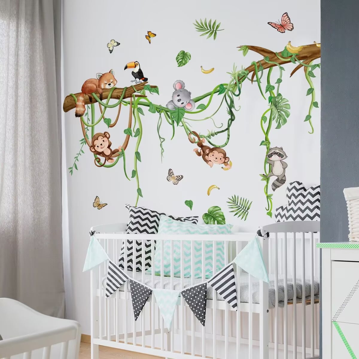Monkey Climbing Tree Wall Decals Jungle Animals Wall Stickers Removable Vinyl Wall Art Sticker for Girls Baby Nursery Kids Bedroom Living Room Bathroom