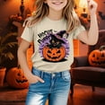 thumbnail image 2 of Byoo Toddler Girls Graphic Tee Shirt Cat Pumpkin Print Short Sleeve Cute T Shirt for Kids Relaxed Fit Holiday Top,Beige, 2 of 4