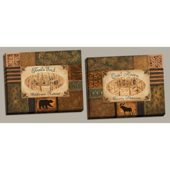 Rustic Trails End and Quiet Haven Moose and Bear Prints; Cabin Lodge Décor; Two 20x16in Stretched Canvases